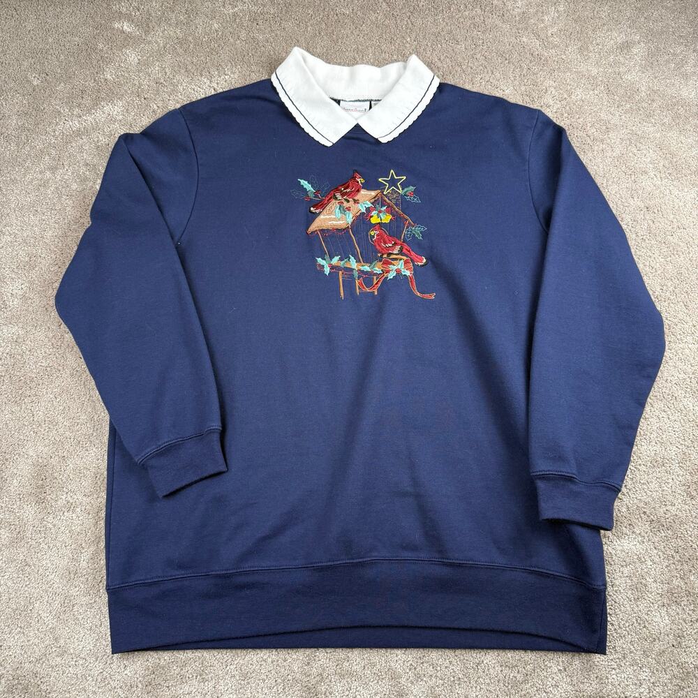 Vtg Bobbie Brooks Navy Blue Christmas Cardinal Embroidered Sweatshirt Size L